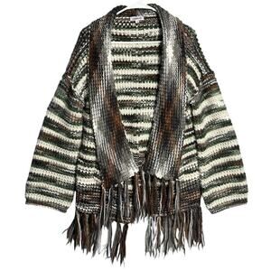 Magnolia Boutique Sz M Chunky Knit Open Cardigan Sweater Fringe Hem Striped boho